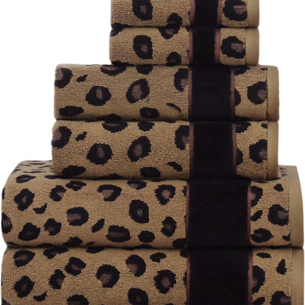 6 Piece Towel Set - Animal Print Leopard Cheetah Africa Safari 100% Cotton Jacqu